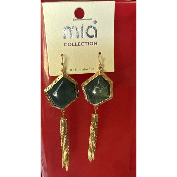 Mia collection Dangle Wire Drop Hook Earrings Gold Tone Fringe Stone Blue Green - Picture 1 of 5